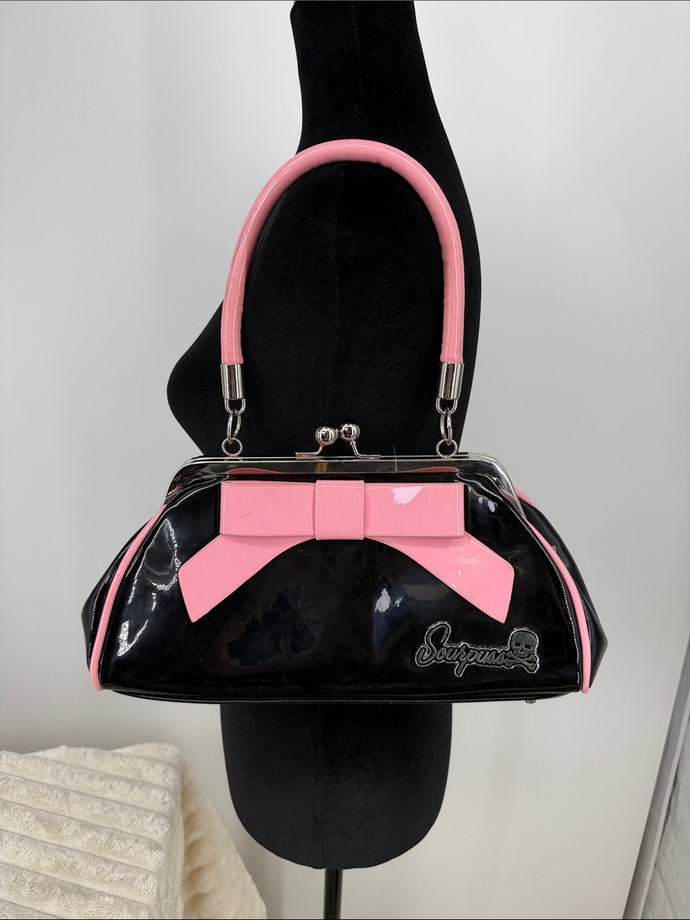 Sourpuss “Floozy” Vinyl Black & Pink Bow Handle Bag